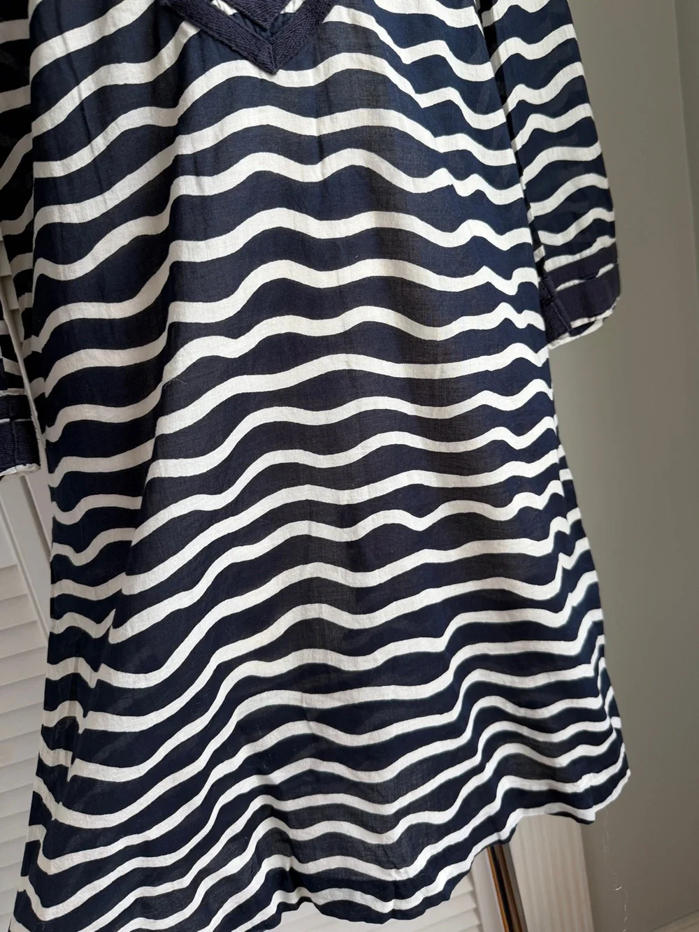 8🌊 Tory Burch Navy and White Wave Stripe Swim Tunic Coverup Dress 3/4 Sleeve